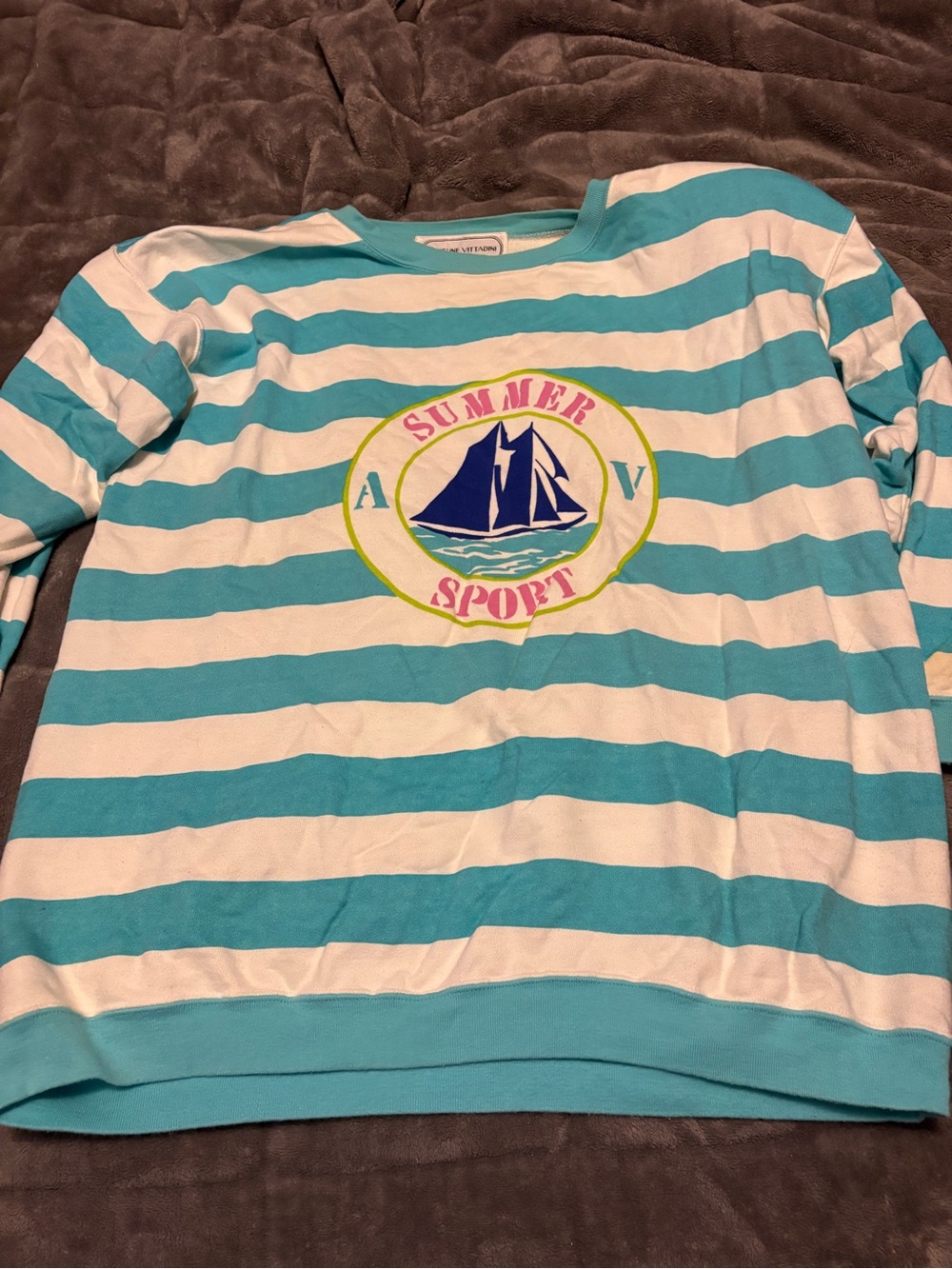 Vintage Adrienne Vittadini Turquoise/White Striped Crewneck w/ Nautical Graphic